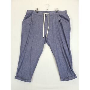 Old Navy Linen Blend Crop Cuffed Pants Women 16 Elastic Drawstring Pockets Blue